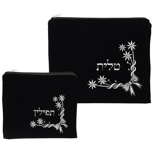 Velvet Tallit-Tefillin Set 36*29, Dark Blue With Embroidery