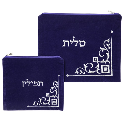 Velvet Tallit-Tefillin Set 36*29, Light Blue With Embroidery