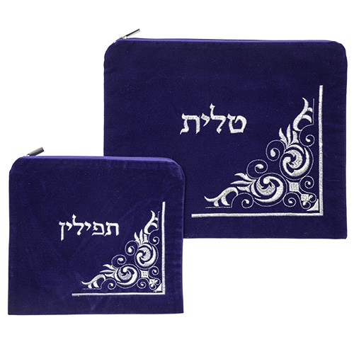 Velvet Tallit-Tefillin Set 36*29, Light Blue With Embroidery