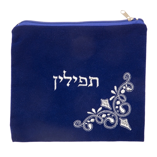 Velvet Tefillin Bag 26*24, Light Blue with Embroidey
