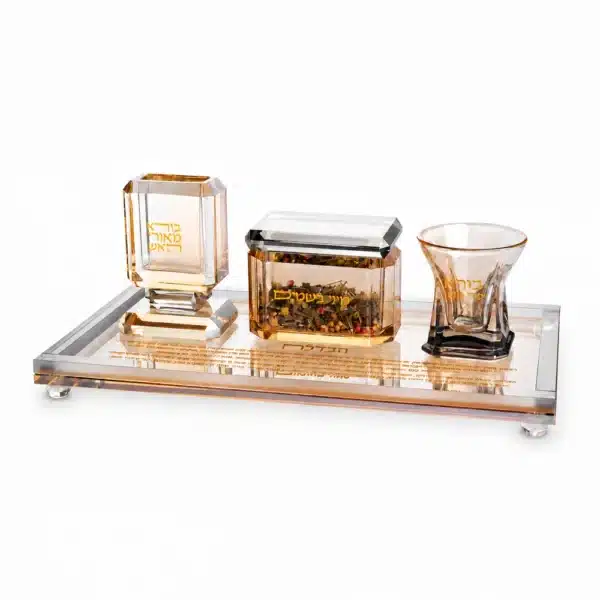 Crystal Havdalah Set On an Elegant Tray with a Prayer in Gold and Black