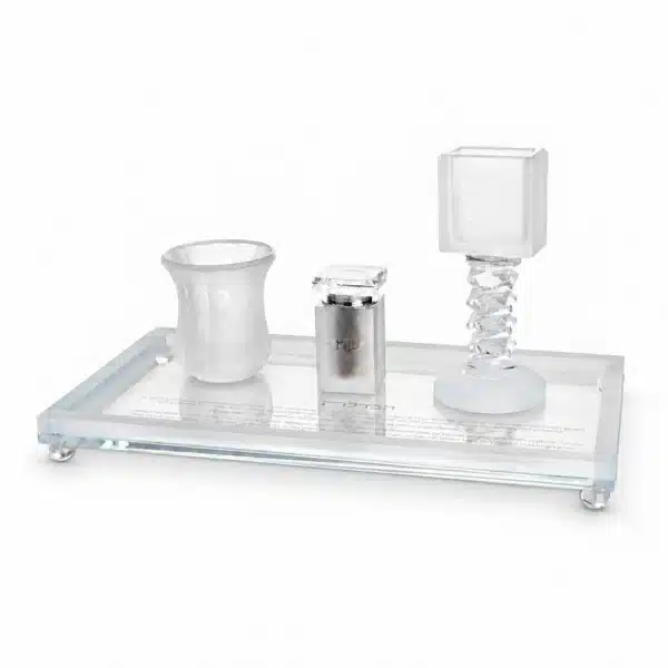 Crystal Havdalah Set On an Elegant Tray with a Prayer in Clear, Matte and Silver